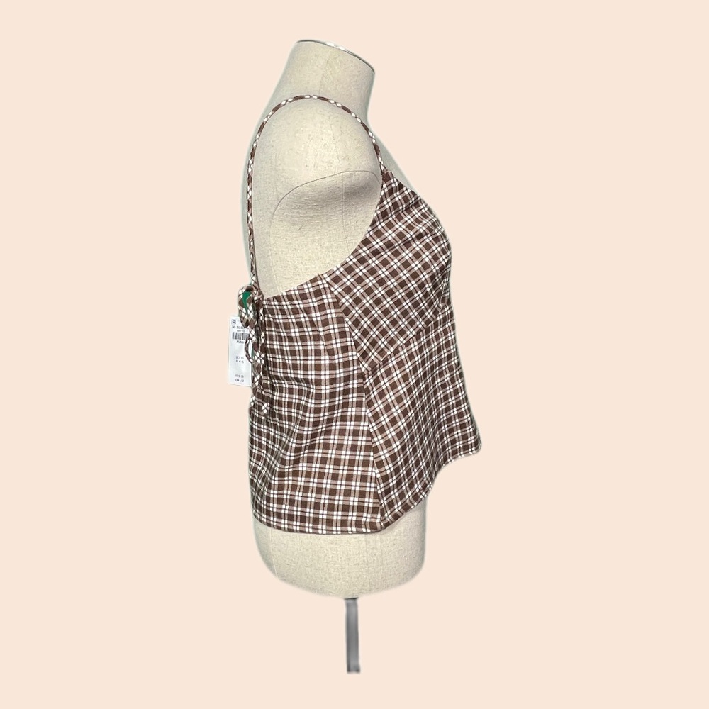 Abercrombie & Fitch Brown Gingham Plaid Crop Cami Tie Sides Extra Small NWT 🤎 - Picture 2 of 6
